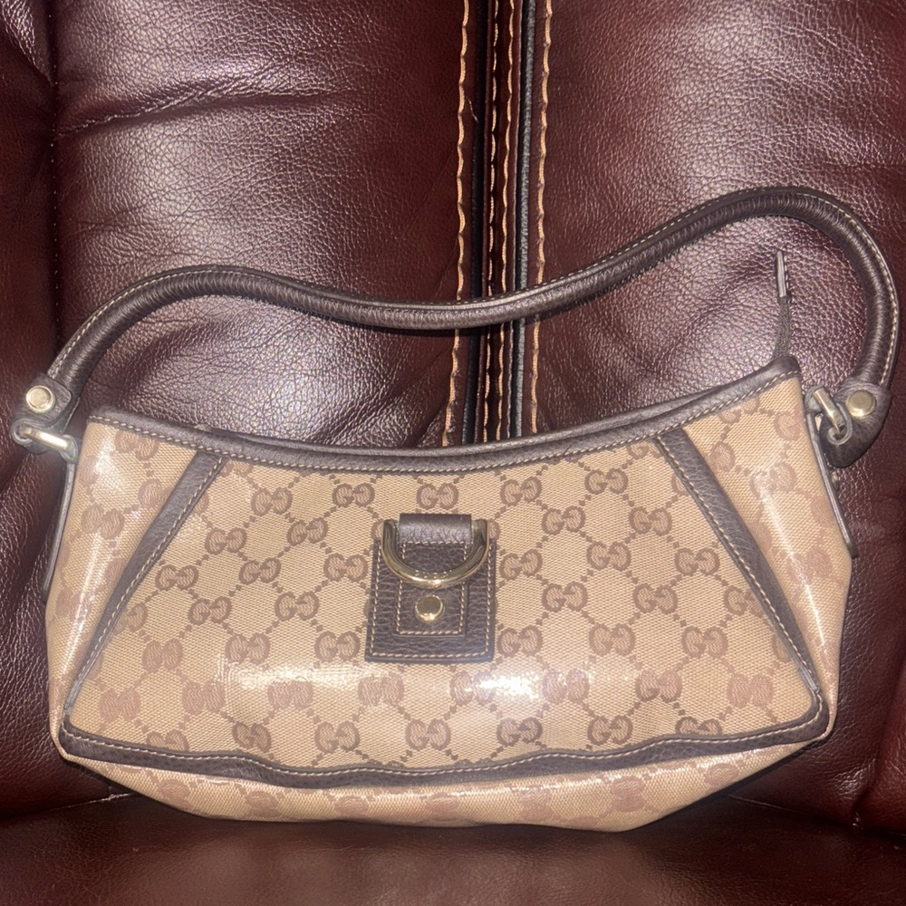 Gucci Tan and Brown Monogram Abbey GG Crystal Shoulder Bag
